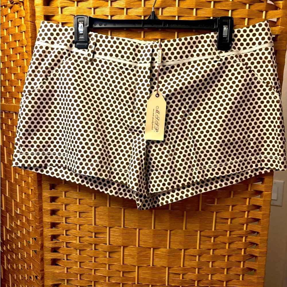 Max Studio Womens Chino Shorts 12 Cream Brown Polka Dots Dressy Casual Light